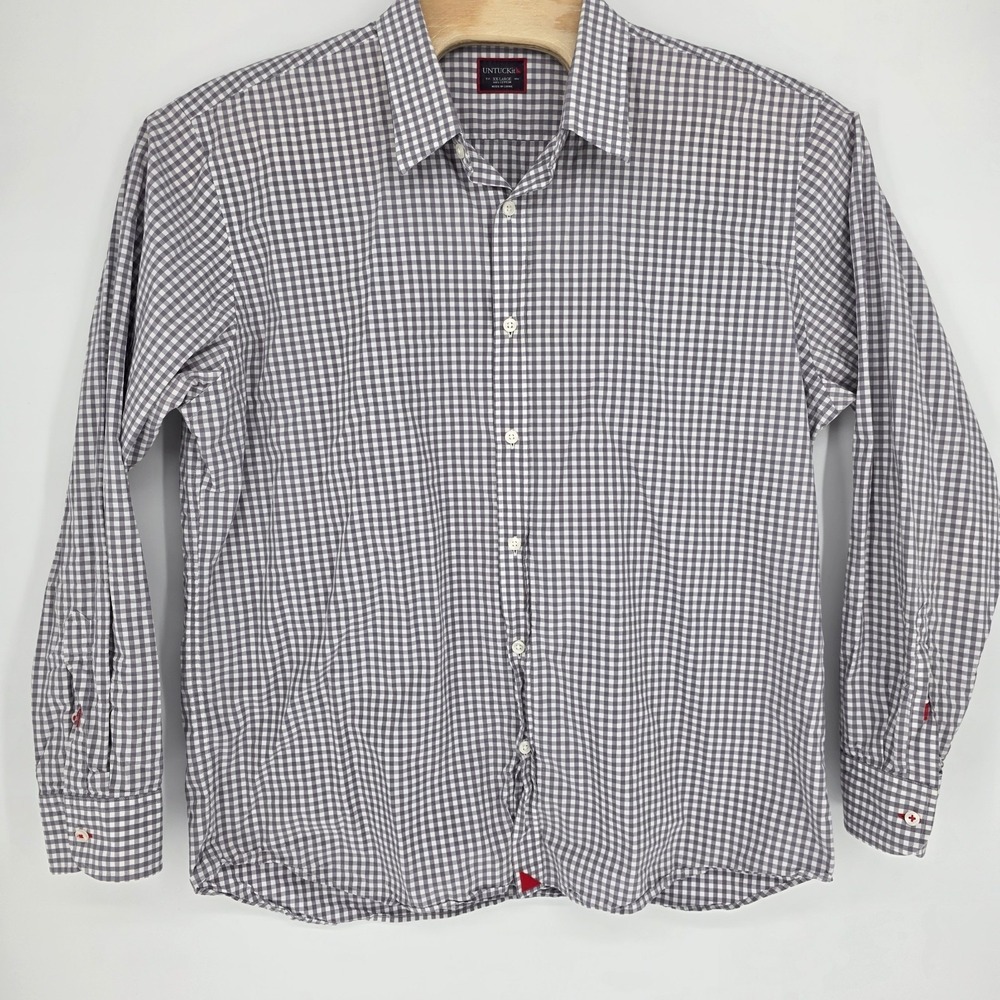 Untuckit Mens Button Up Shirt XXL Long Sleeve Gray Gingham Check Preppy Premium - Picture 2 of 7